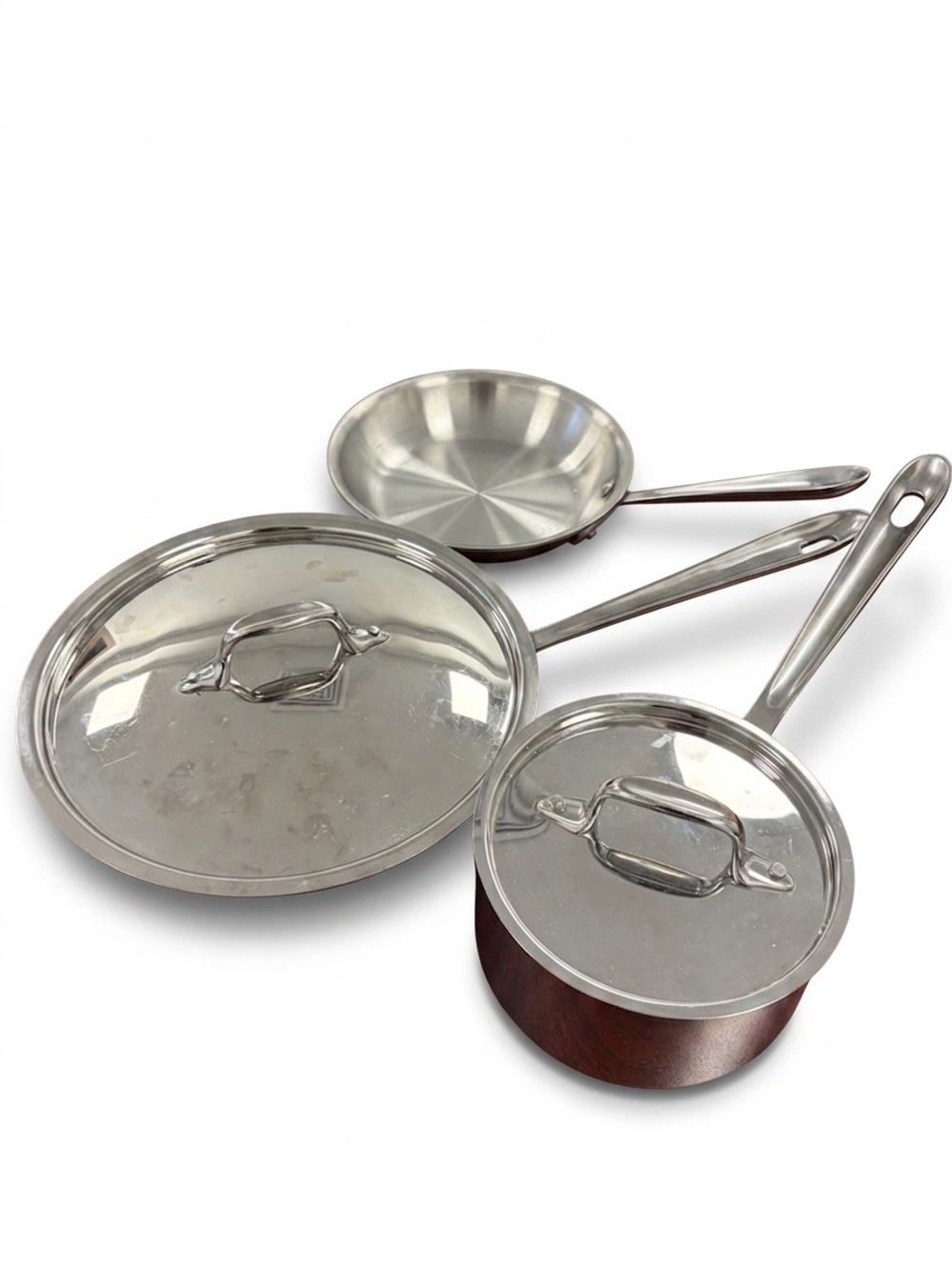All Clad Stainless Set of Three Pans/Two Lids